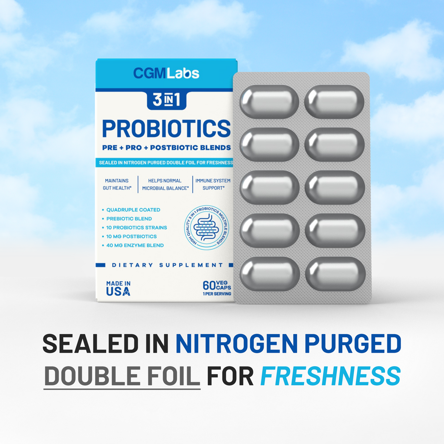 CGM Labs - 3 in 1 Probiotics - Prebiotics + Probiotics + Postbiotics All in one - 60 Veg Caps