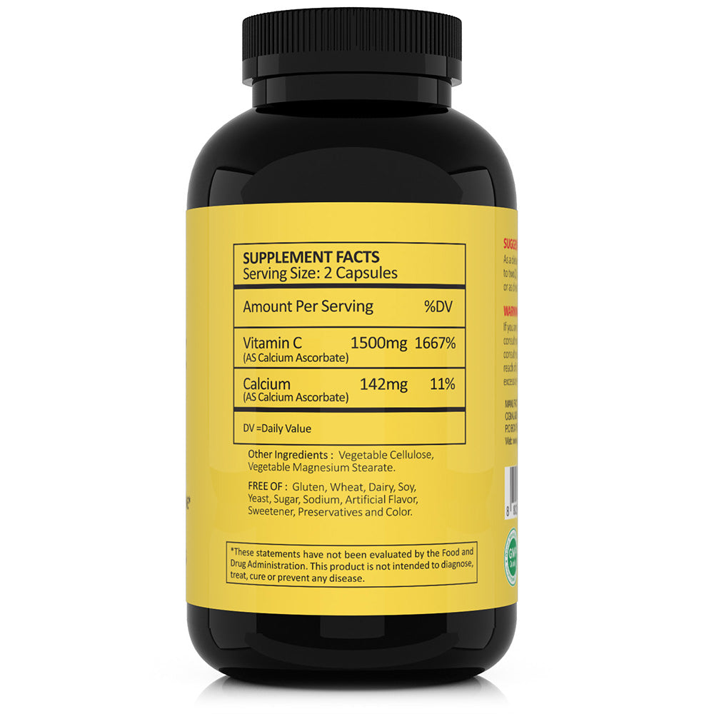 CGM Labs - MEGA Size Vitamin C 1500mg - Non Acidic, PH Neutral, Gentle on Stomach - 500 Vegetable Capsules