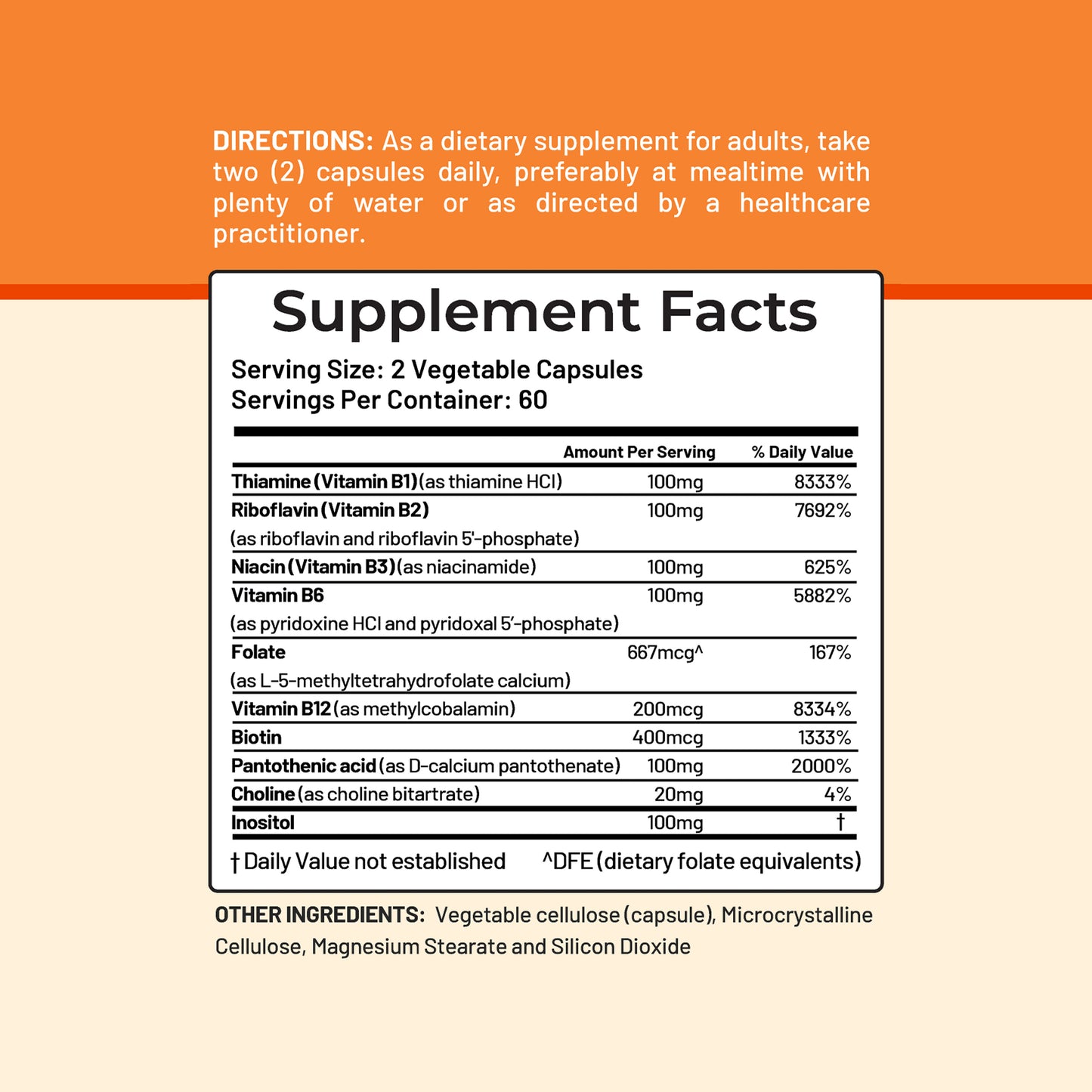 Active B-Complex supplement facts listing B vitamins, choline, inositol, and daily values