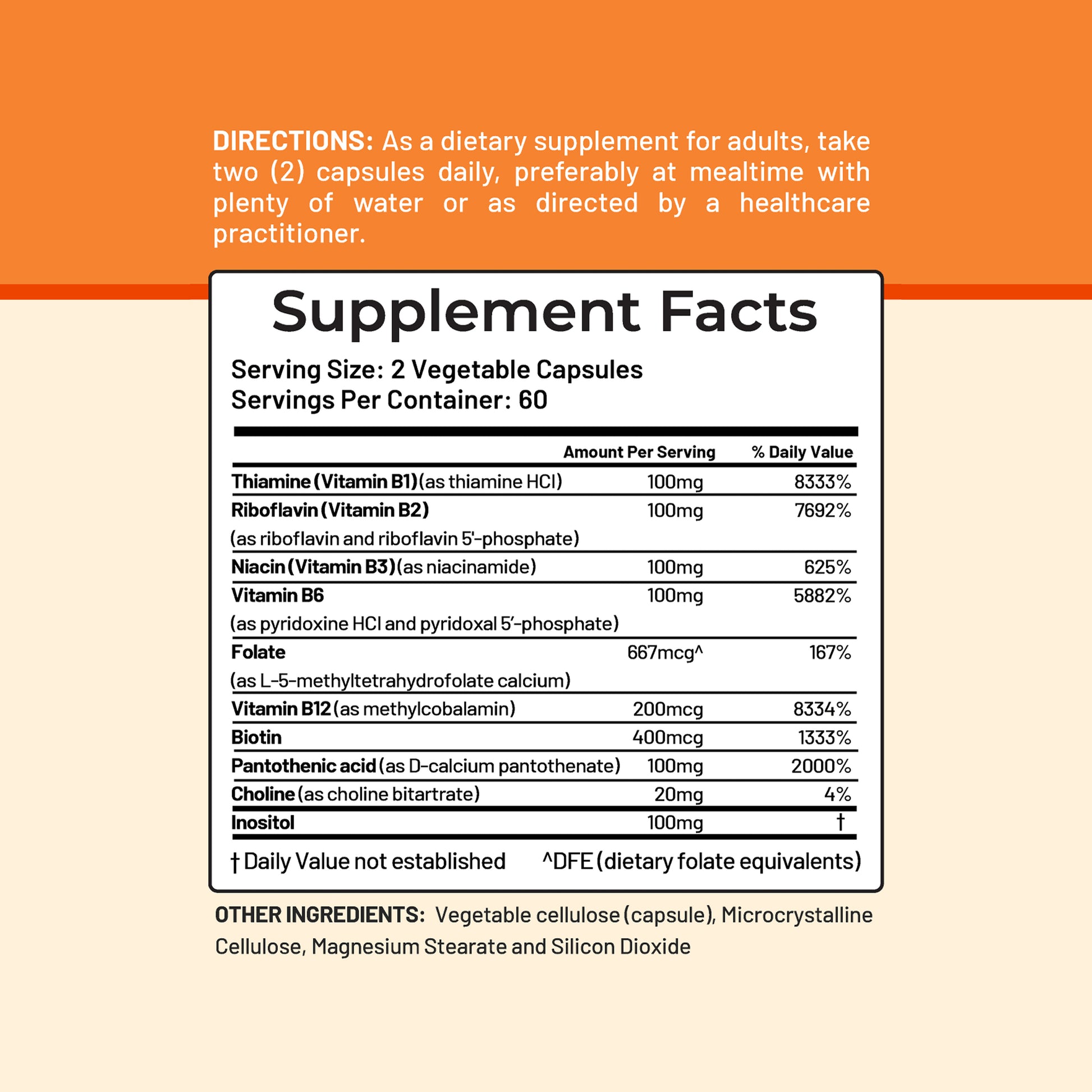 Active B-Complex supplement facts listing B vitamins, choline, inositol, and daily values
