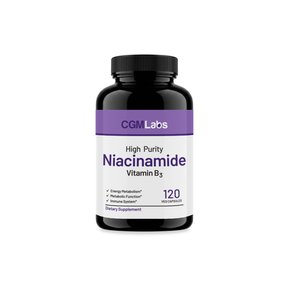CGM Labs High Purity Niacinamide Vitamin B3 Supplement Bottle - 120 Veg Capsules for Energy Metabolism and Immune Support