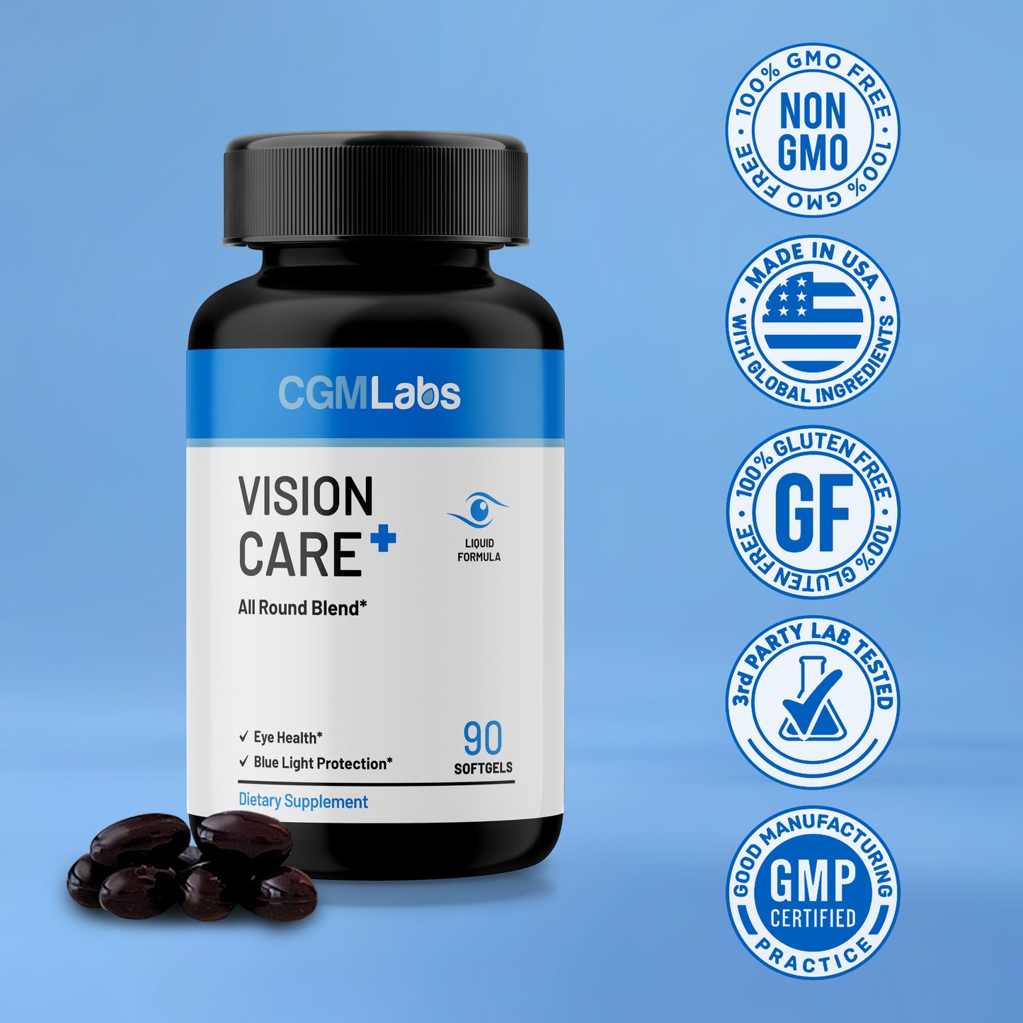 NEW! - Vision Care Plus - Complete Dietary Supplement for Your Vision- Lutein 20mg, Zeaxanthin, Vitamin A, Bilberry Extract - 90 Softgels by CGM Labs