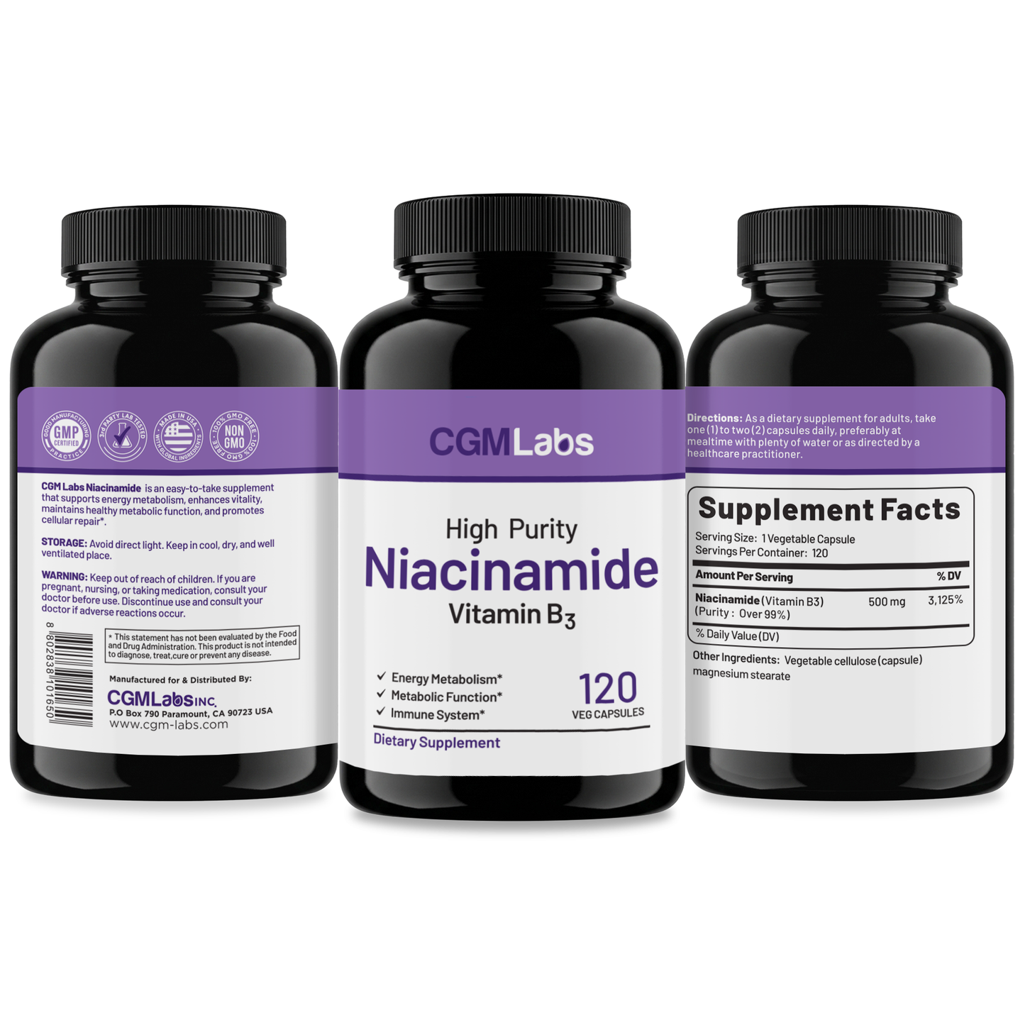 CGM Labs Niacinamide Vitamin B3 Full Label View - GMP Certified, Third Party Tested, Made in USA, and Non-GMO