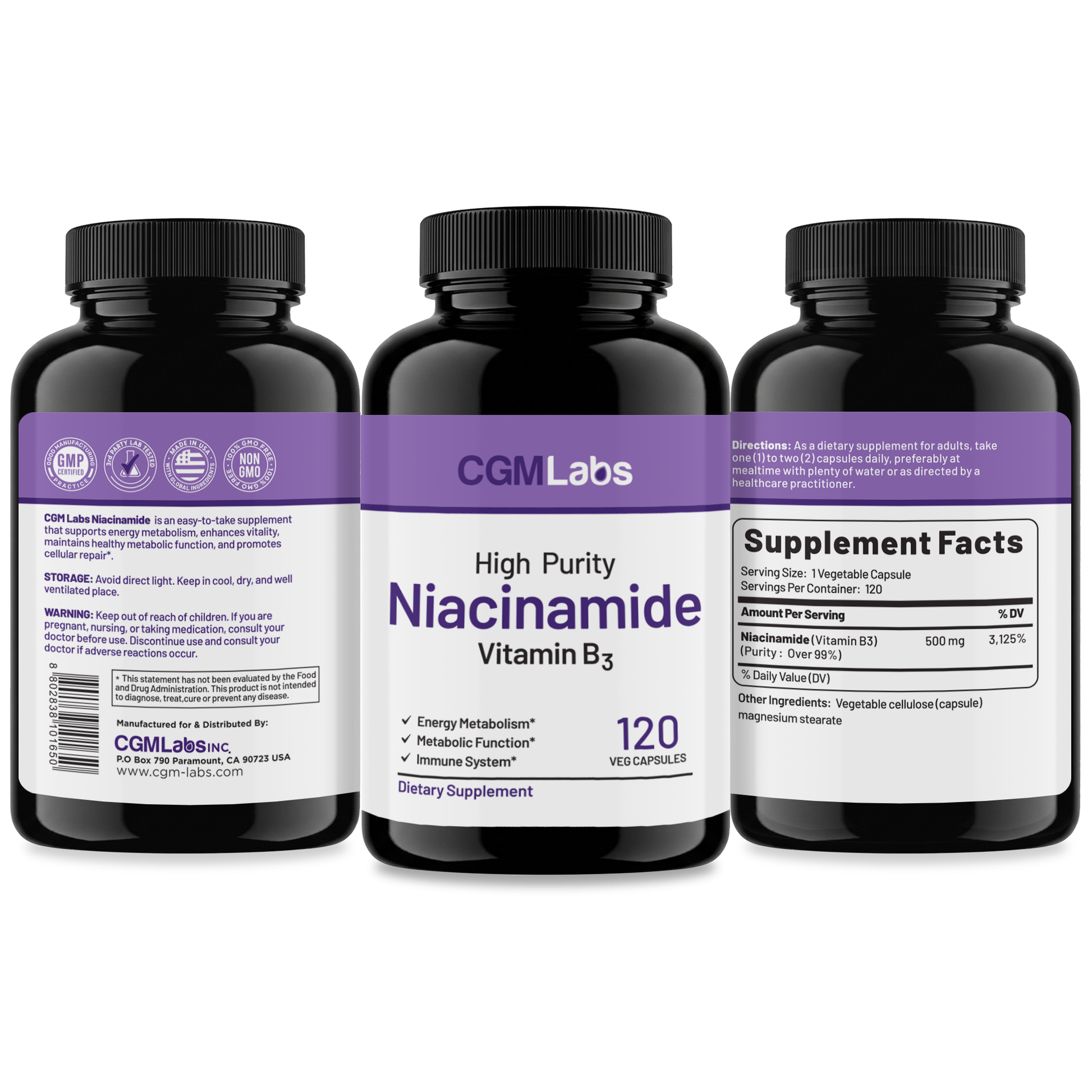 CGM Labs Niacinamide Vitamin B3 Full Label View - GMP Certified, Third Party Tested, Made in USA, and Non-GMO