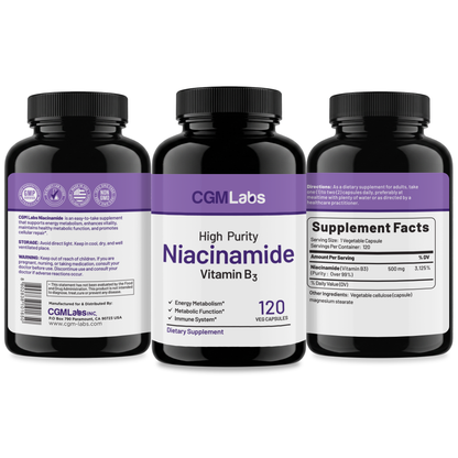 CGM Labs Niacinamide Vitamin B3 Full Label View - GMP Certified, Third Party Tested, Made in USA, and Non-GMO