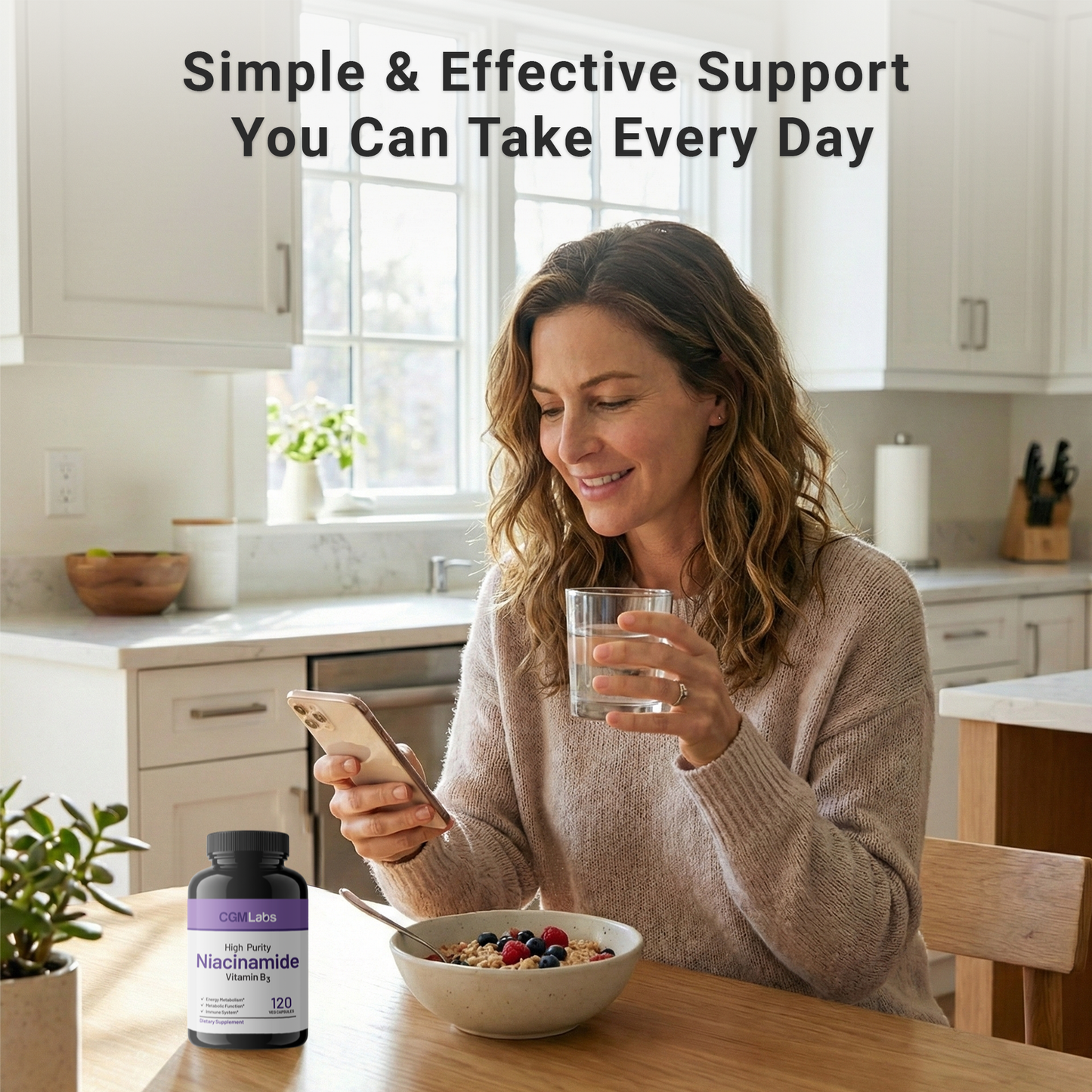 Woman enjoying healthy breakfast routine with CGM Labs Niacinamide Vitamin B3 - Simple & Effective Daily Support