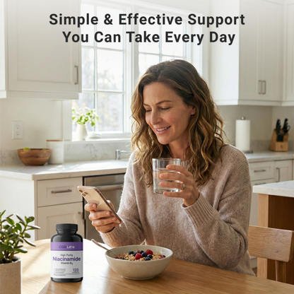 Woman enjoying healthy breakfast routine with CGM Labs Niacinamide Vitamin B3 - Simple & Effective Daily Support