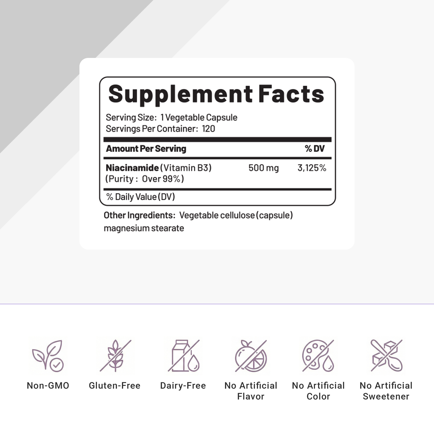 Niacinamide vitamin B3 supplement facts label with 500 mg per serving, 120 capsules, non-GMO, gluten-free, dairy-free, no artificial additives