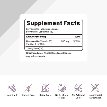 Niacinamide vitamin B3 supplement facts label with 500 mg per serving, 120 capsules, non-GMO, gluten-free, dairy-free, no artificial additives