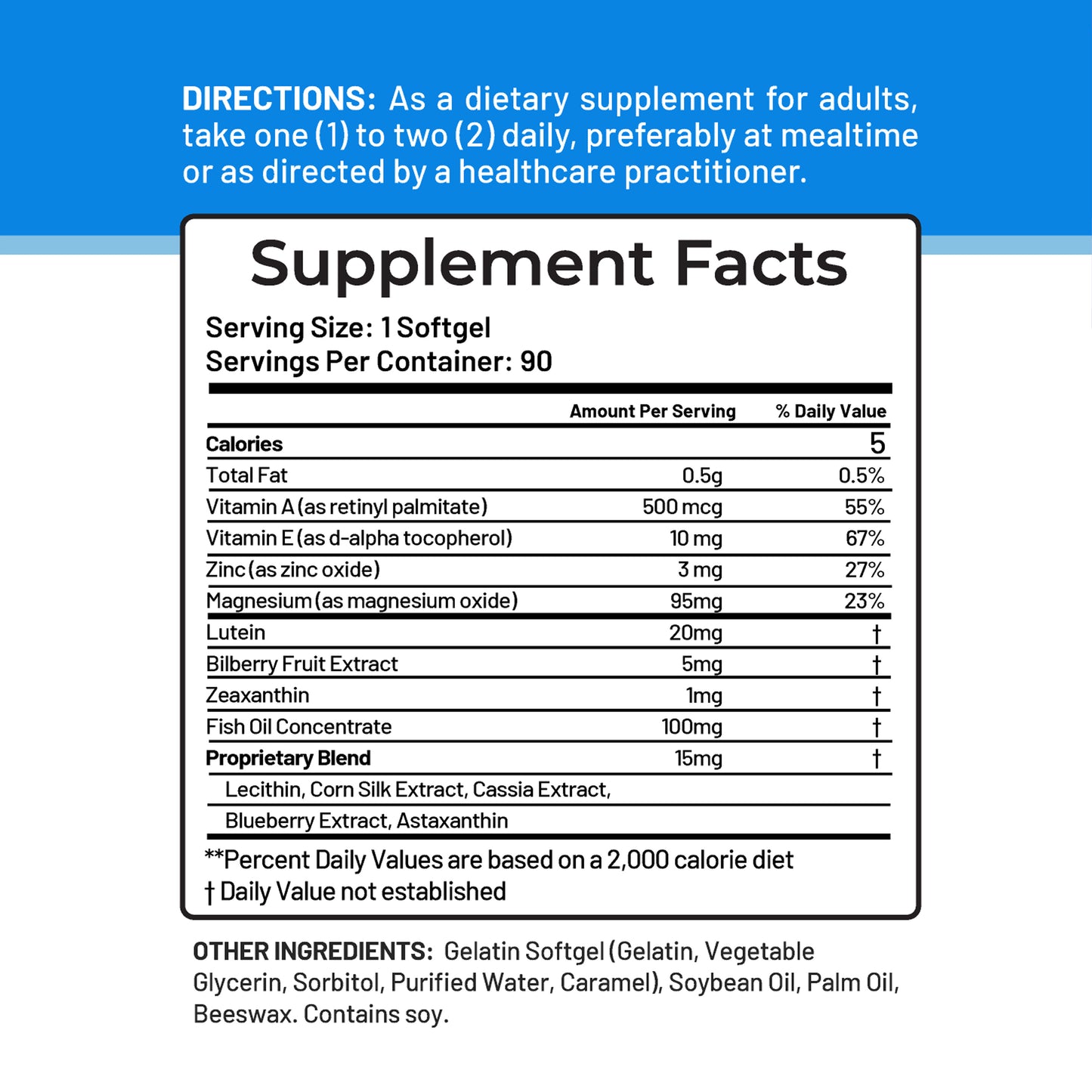 NEW! - Vision Care Plus - Complete Dietary Supplement for Your Vision- Lutein 20mg, Zeaxanthin, Vitamin A, Bilberry Extract - 90 Softgels by CGM Labs