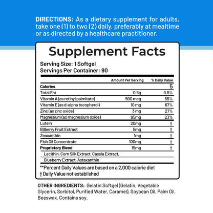 NEW! - Vision Care Plus - Complete Dietary Supplement for Your Vision- Lutein 20mg, Zeaxanthin, Vitamin A, Bilberry Extract - 90 Softgels by CGM Labs