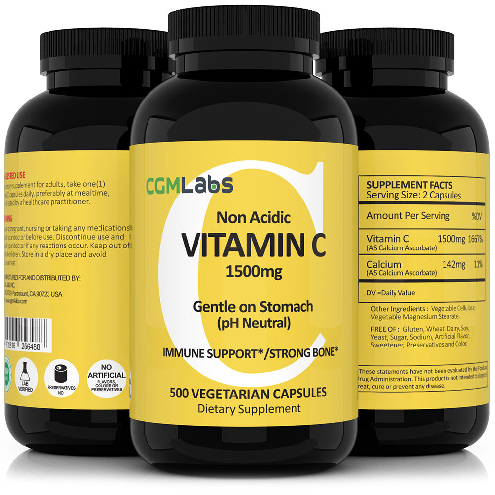 CGM Labs - MEGA Size Vitamin C 1500mg - Non Acidic, PH Neutral, Gentle on Stomach - 500 Vegetable Capsules