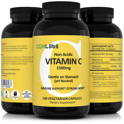 CGM Labs - MEGA Size Vitamin C 1500mg - Non Acidic, PH Neutral, Gentle on Stomach - 500 Vegetable Capsules